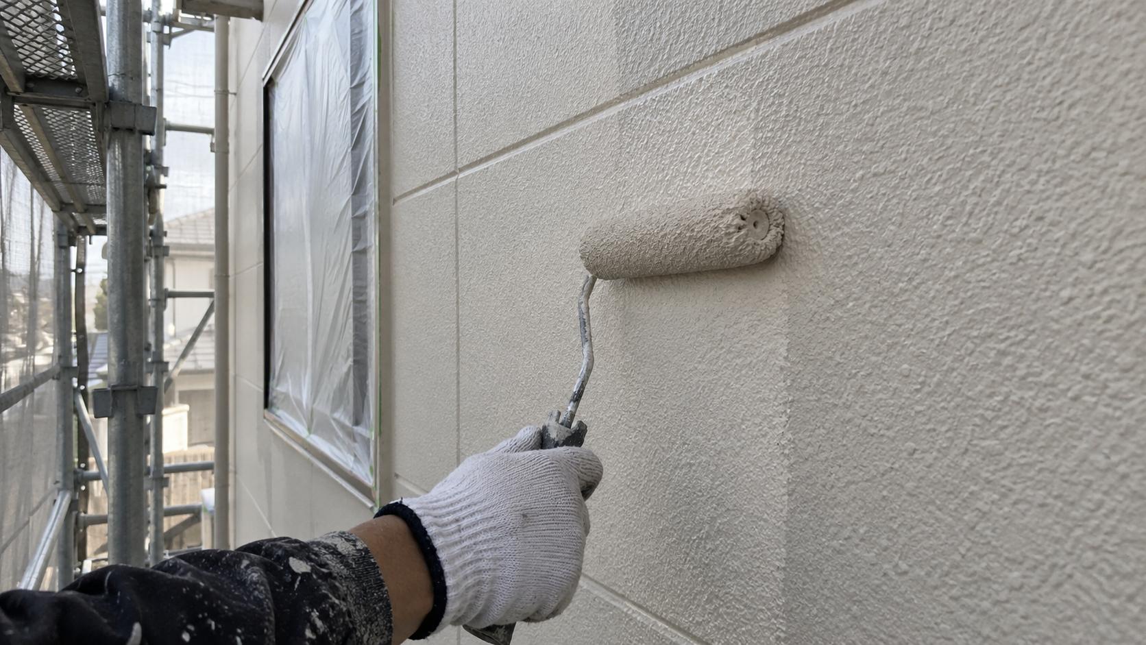 津市のALC外壁をローラーで塗装している施工イメージ